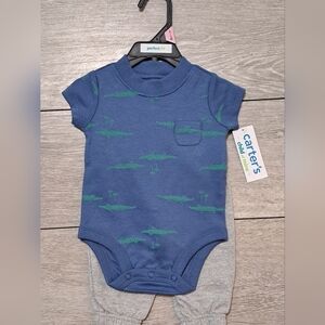 Brand New Carter's  2 Piece Blue and Green Alligator Onesie With Gray Pants